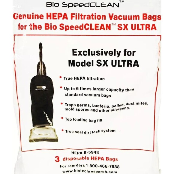 2Bio SpeedCLEAN Model SX ULTRA HEPA Filtration Vacuum Bags B-5948 3 Pack Genuine - Picture 2 of 4
